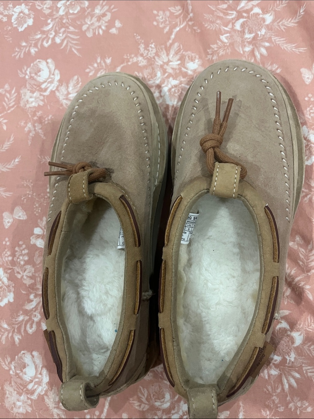 UGG Tan Suede Moccasin Platform Slippers with Shearling - Picture 6 of 6